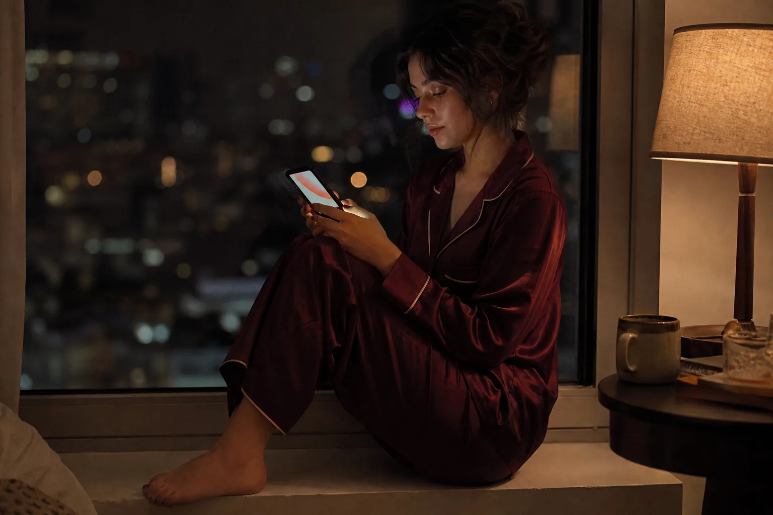 Creator setting a price on her phone while sitting on a windowsill at night