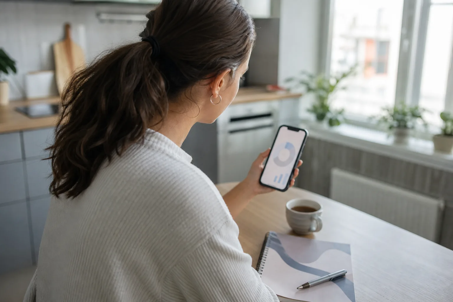 Creator at a kitchen table checking a weekly report on her phone next to a coffee