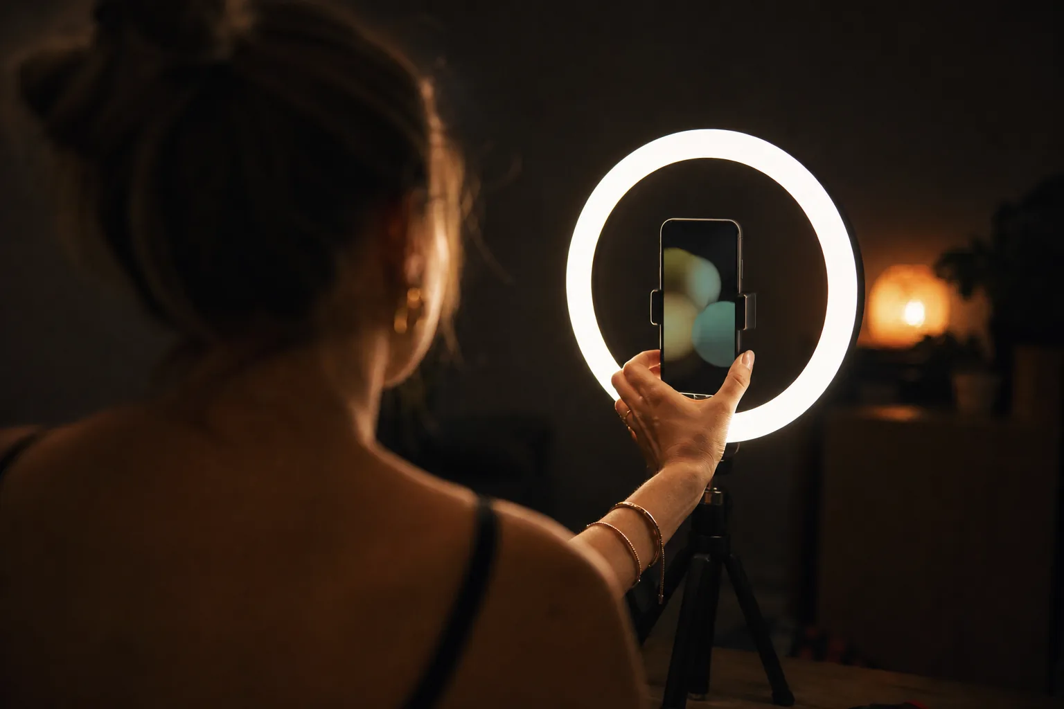 Smartphone on a tripod with a ring light glowing in a dark room