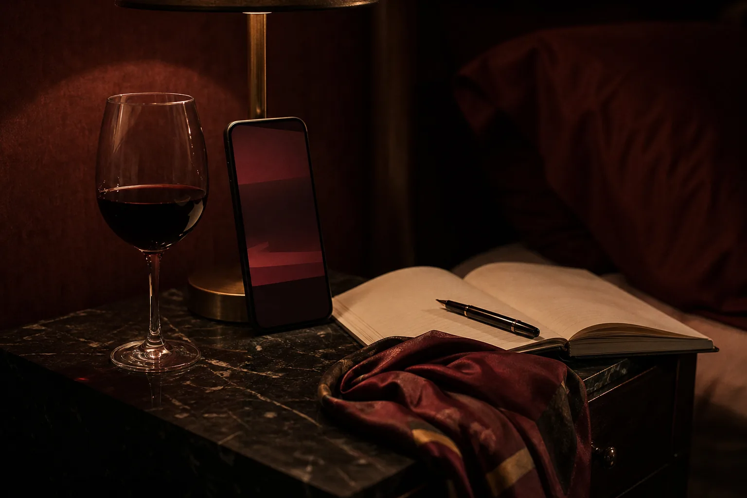 Phone on a nightstand showing abstract charts next to a glass of wine and a notebook
