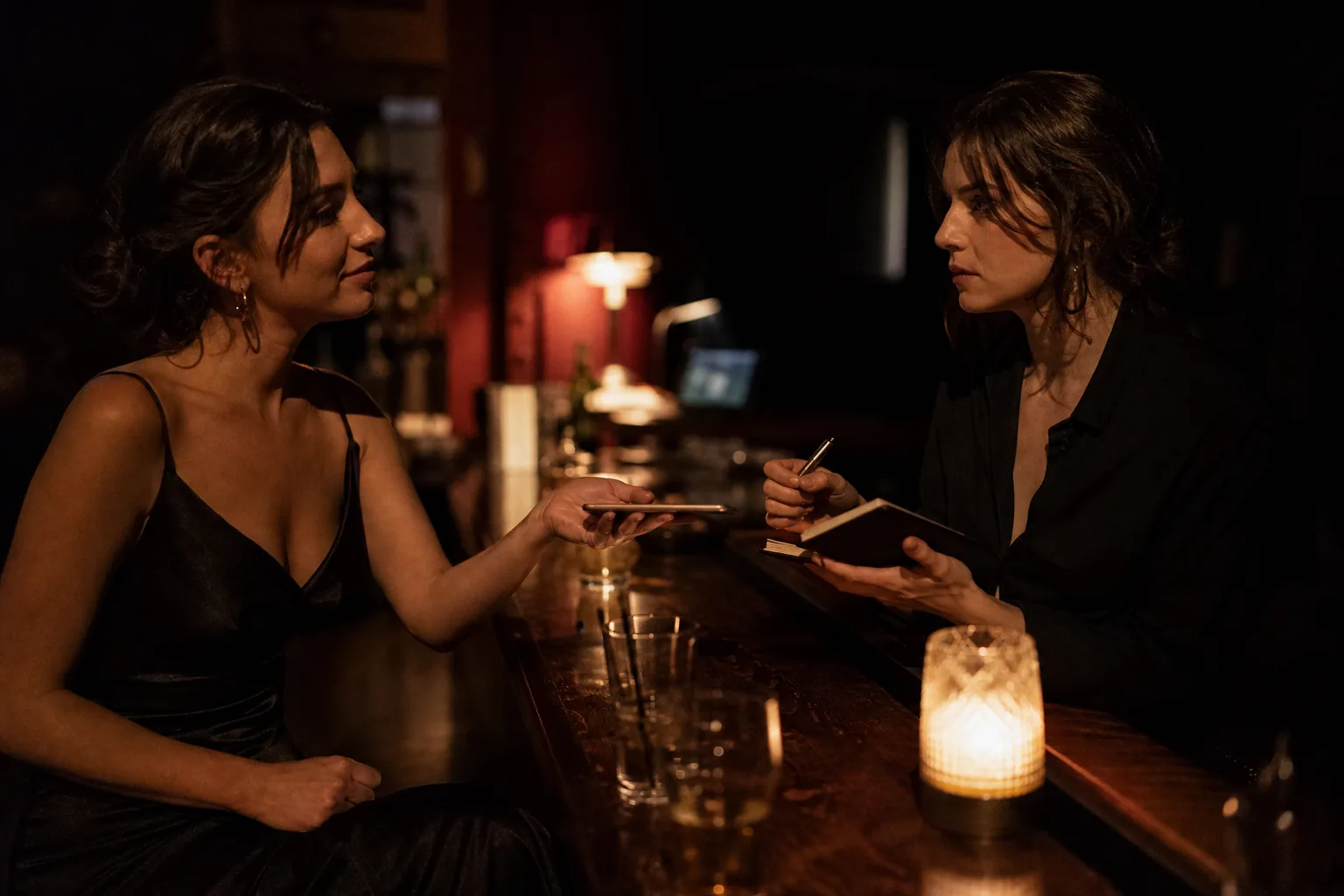 Creator handing her phone over a dim bar counter to a woman holding a notebook