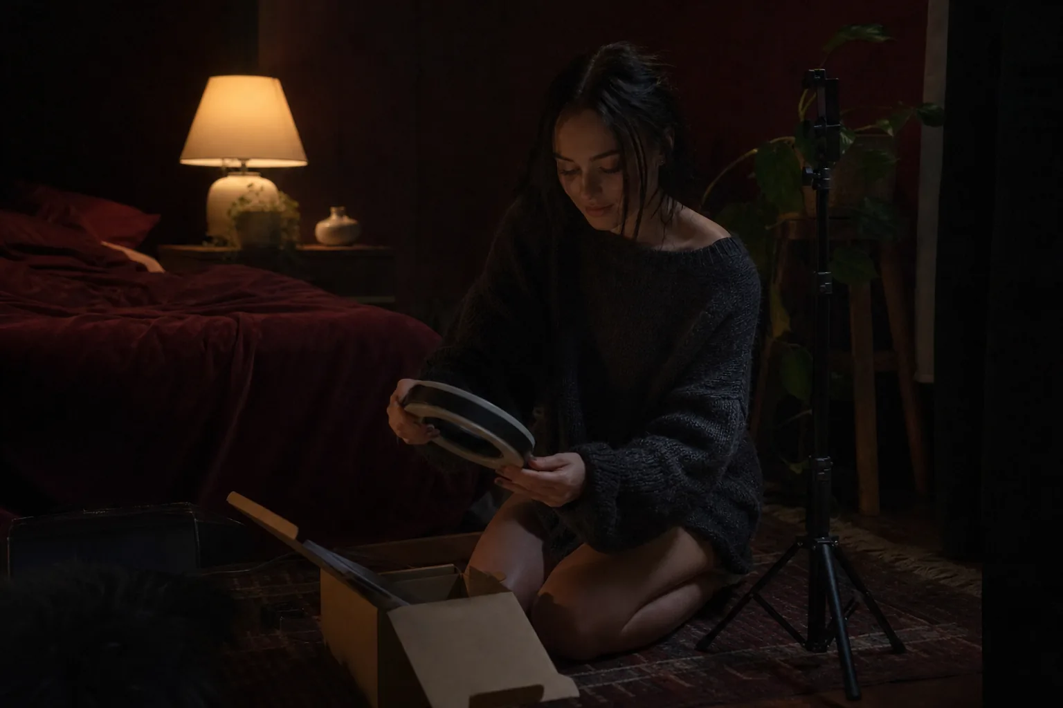 New creator unpacking a small ring light in a dark bedroom